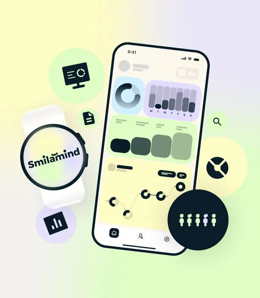 Smilamind mobile app shown on a smartphone